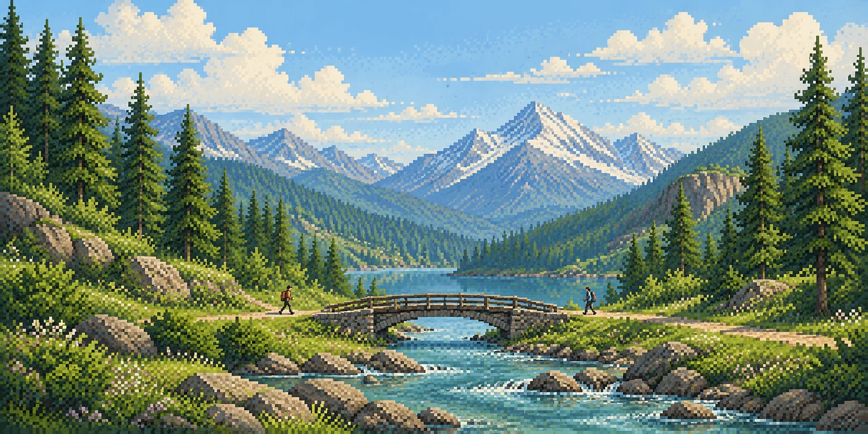 Two mountain paths meet at a bridge